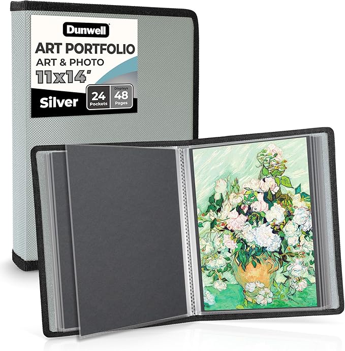 Dunwell 11x14 Art Portfolio Binder with Mounting Paper (Silver), Large Portfolio Folder for Artwork Storage, 24 Clear Sleeves Displays 48 Pages, Acid-Free Poly 11 x 14 Presentation Book