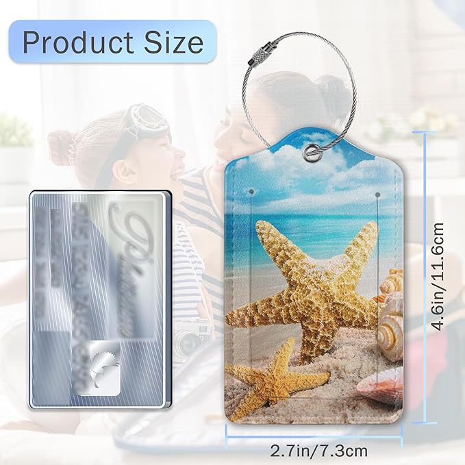 3 Pack Luggage Tags,Ocean Beach Starfish PU Leather Luggage Tags for Suitcase,Name ID Labels with Privacy Cover Suitcases and Metal Loop for Travel Bag Suitcase