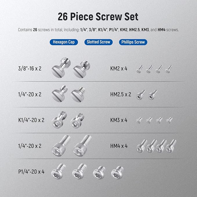 NEEWER 26PCS Camera Screw Set for Photography Equipment, Includes 1/4" 3/8" M2 M2.5 M3 and M4 Screws Compatible with SmallRig Camera Cage, Top Handle, Side Handle Grip, Tripod QR Plate, UA002