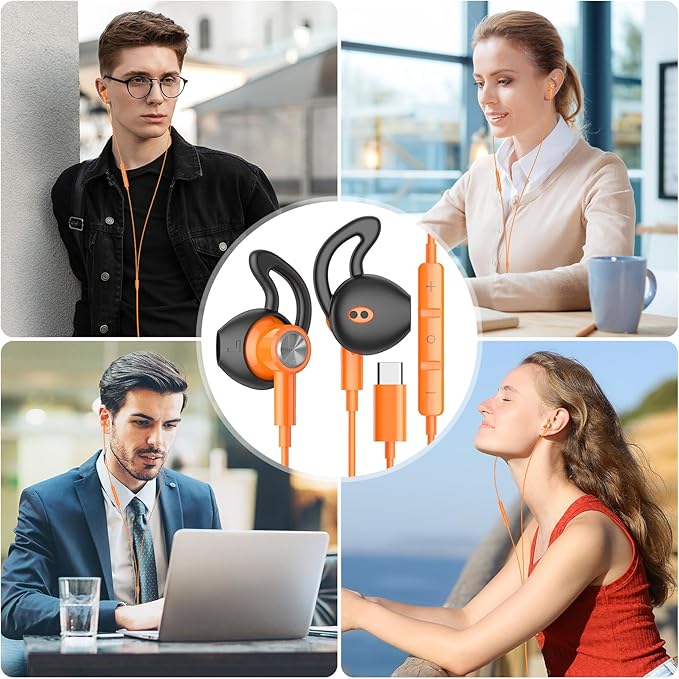 USB C Headphones for iPhone 17 Pro Max Air 16 15, Type C Earphones with Microphone Magnet Stereo Wired Earbuds for Samsung Galaxy S26 S25 Ultra S24+ 23 A53 S21 S20 FE Flip 7 6 Fold/Pixel 10 9, Orange