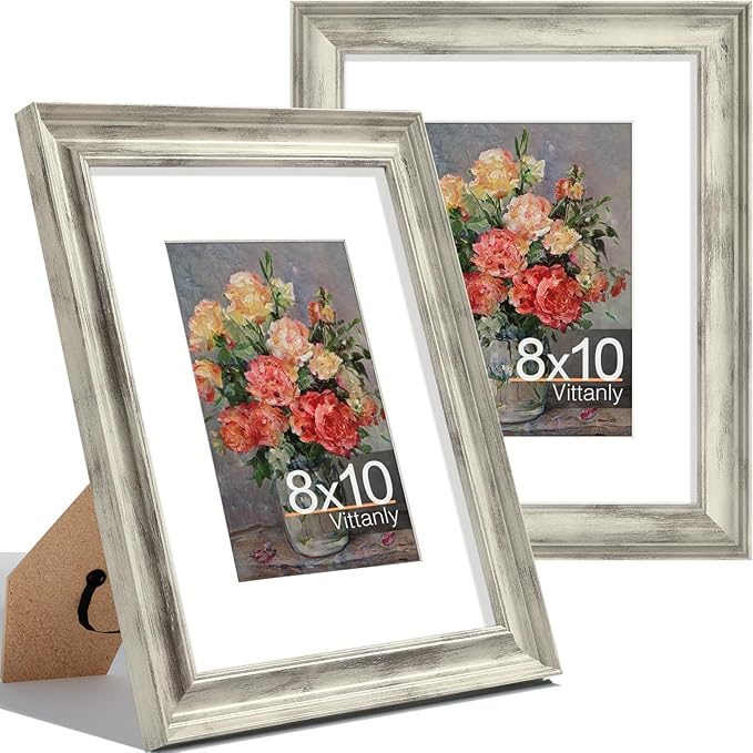 Vittanly 8x10 Picture Frames Set of 2, Ornate Vintage Photo Frame for Wall or Tabletop, Display 5x7 Pictures with Mat or 8x10 without Mat, Distressed White