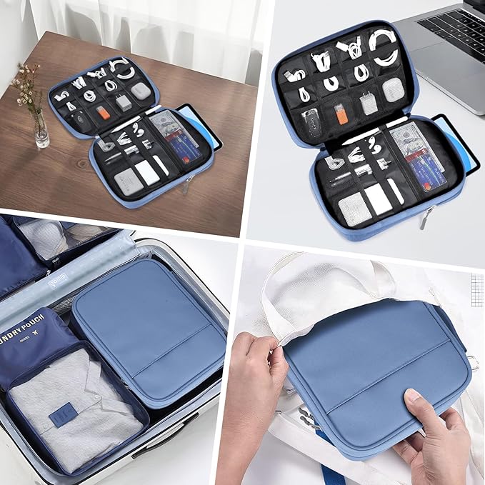 Dadanism Electronics Travel Organizer Case, Double Layers Cord Organizer Travel All-in-One Storage Bag for Cable, Cord, iPad, Chargers, fits 9-11'' Tablets, Portable Tech Accessories Bag, Blue