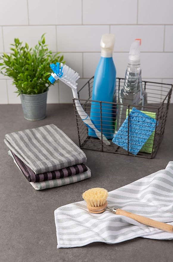 DII Cleaning Collection Multi-Purpose Microfiber, Gray Stripes, Dishtowel Set