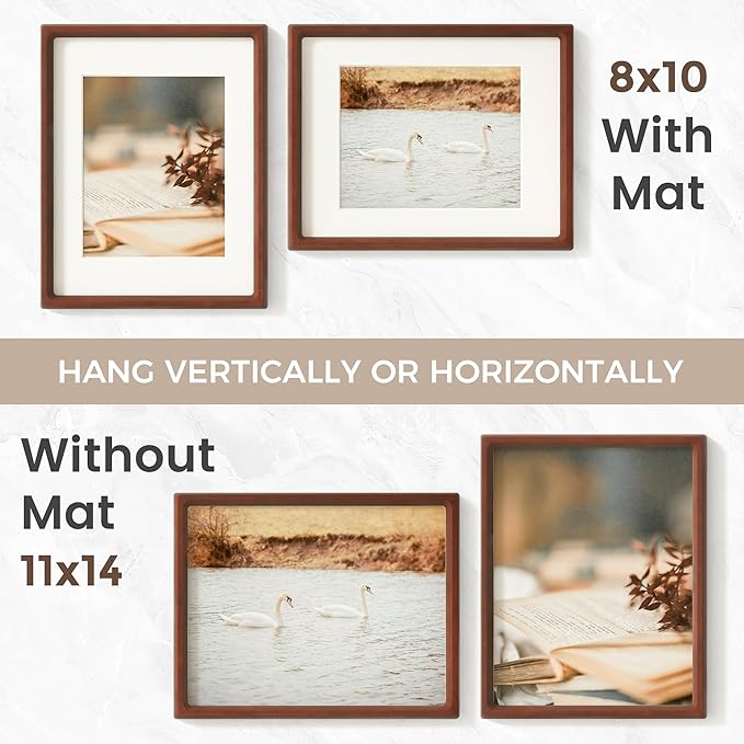 11x14 Picture Frame, USA-Sourced Natural Mahogany Wood Photo Frame with Tempered Glass, Handcrafted Rounded Corner 11 x 14 Wooden Frame Matted to 8x10 Photos, Hanging Hooks Included