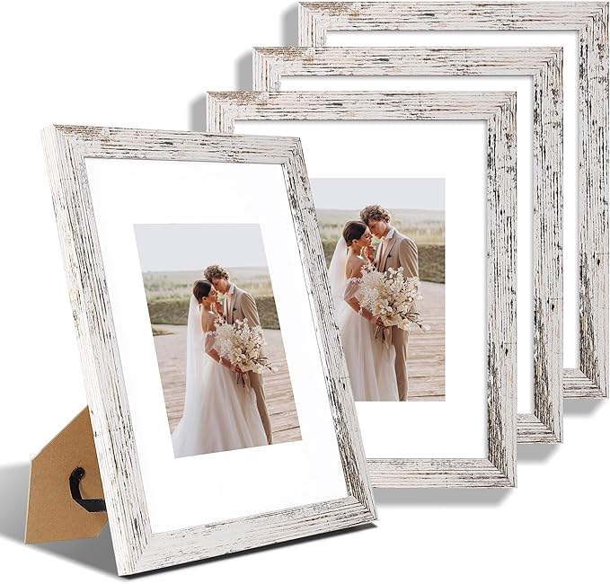 9x12 Picture Frame Set of 4, Made of Glass and Distressed White Wooden Frame - Display Picture 6x8 with Mat or 9 x 12 Without Mat, 9 by 12 Photo for Wall or Tabletop