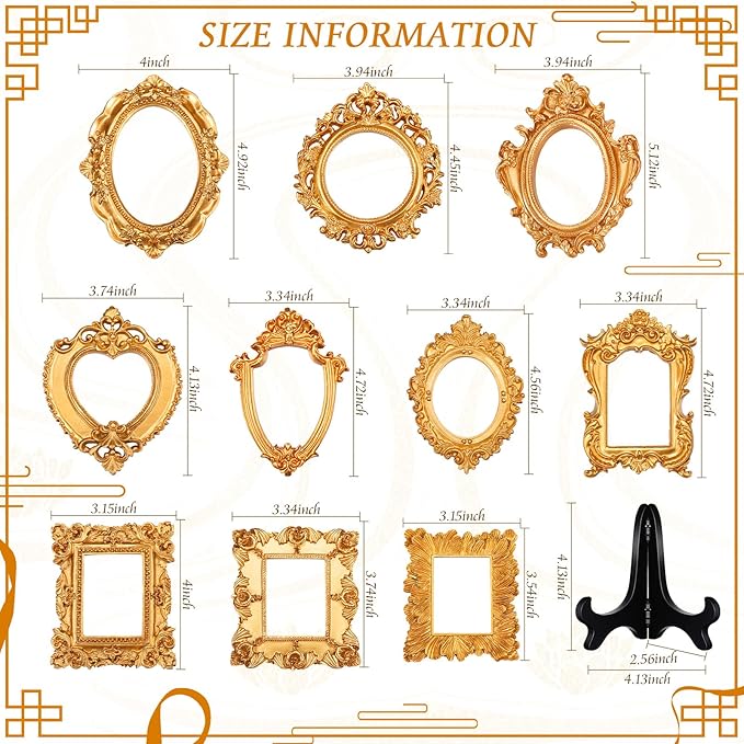Tatuo 40 Sets Mini Picture Frames and Display Stands Vintage Resin Picture Frame Resin Holder for Home Office Bedroom Living Room Wedding Decor (Gold)