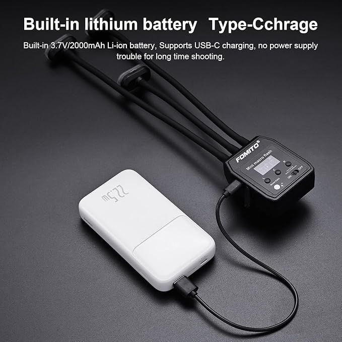 Fomito Triple Head Macro Flash - Universal Hot Shoe, 8-Level Brightness, 9-Stop LED Focus Assist, USB-C Rechargeable (2000mAh) - 17.52inch