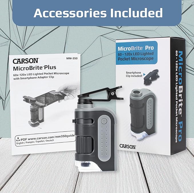 Carson MicroBrite Portable Digital Pocket Microscope for Kids or Adults, Accurate 60x-120x Zoom, Handheld Microscope with Phone Clip & Smartphone App (MM-350)