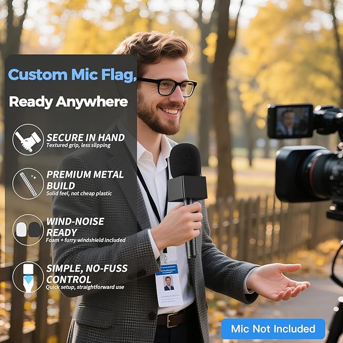 ZealSound Handheld Interview Microphone Adapter, Wireless Lavalier Transmitter Handle with Flag, Furry Windscreen & Foam, Compatible with DJI Mic Mini/Mic 2/3, Rode Wireless GO 2/3, Hollyland, BOYA
