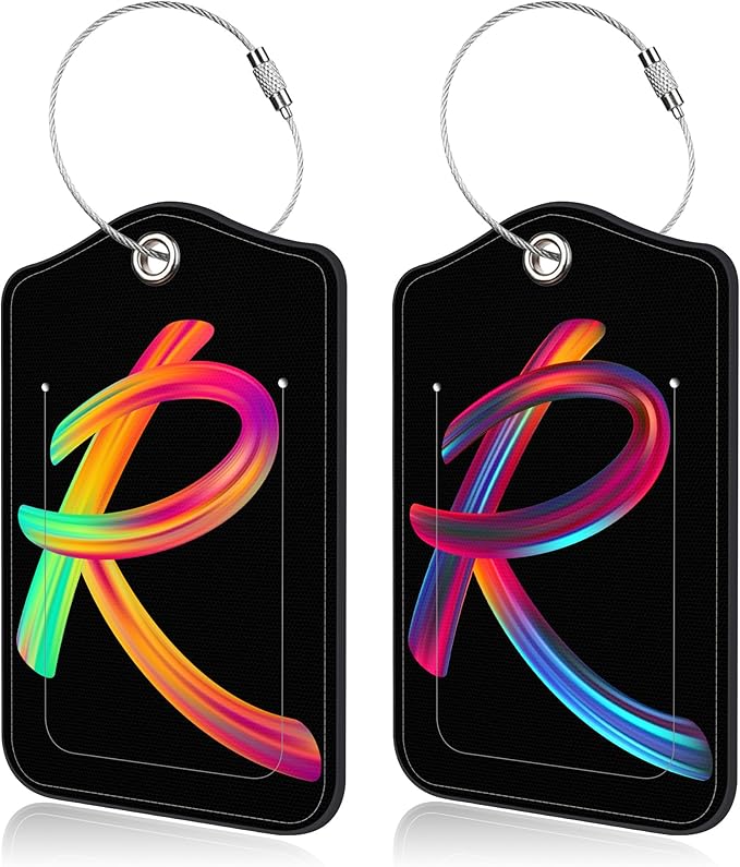 Luggage Tags for Suitcase,2 Pack Neon Colorful Letters Luggage Tags,Leather Baggage Tags Identifiers with Privacy Name Address Labels and Metal Loop for Women Men Girls Travel,Letter R