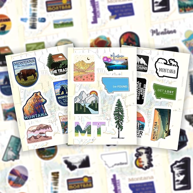 BulbaCraft 100Pcs Montana Stickers for Water Bottle and Laptop - Montana Party Favors & Decorations, Waterproof Vinyl Decals, State Pride and Icon Stickers, Gifts for Women & Men