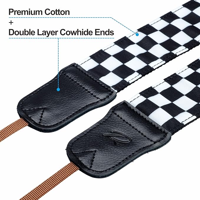 Padwa Lifestyle Black and White Plaid Camera Strap - 2" Wide Double Layer Cowhide Head,Cotton Camera Shoulder Straps,Grid Pattern Adjustable Camera Neck Strap for all Cameras,Gift for Photographers