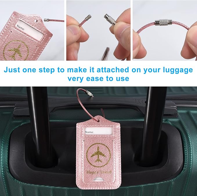 ACdream Luggage Tags 2 Pack, Leather Suitcase Tags Identifiers, Cute Cruise ID Labels with Privacy Cover fits on Backpack, Travel Bag, for Women, Men, Adults, Kids, Rose Gold