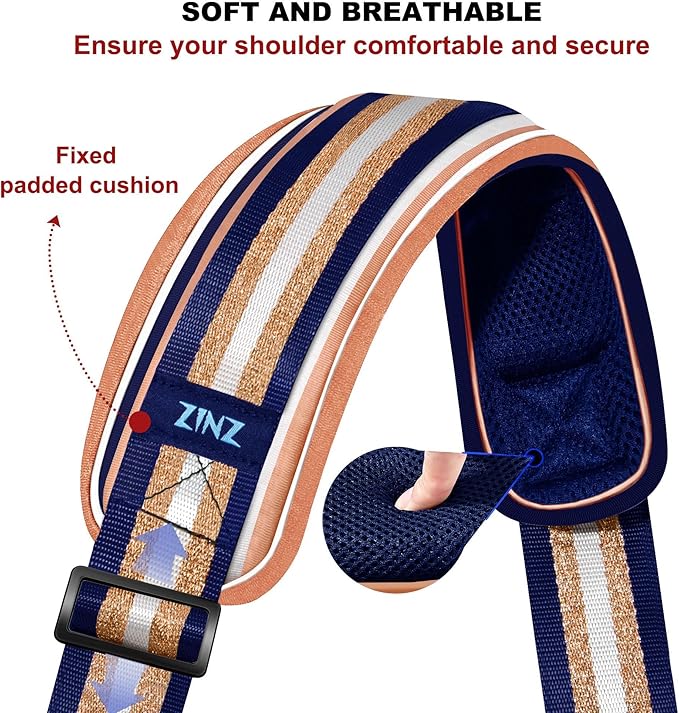 ZINMARK Shoulder Strap 59 inch, Extra-Thick Fixed Cushion Pad and Dual Clasps Universal Replacement Strap for Bags, Camera, Crossbody，Lawn mower Blue Gold Jacquard