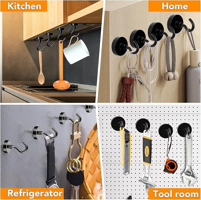 MIKEDE Magnetic Hooks, 30Lbs+ Black Heavy Duty Earth Magnets with Hook for Refrigerator, Strong Neodymium Magnetic Cruise Hooks for Hanging, Curtain, Grill and Kitchen - Pack of 4