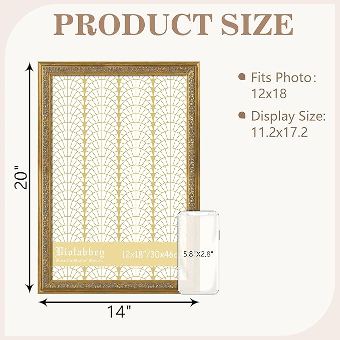 VIOLABBEY 12x18 Frame Gold, Vintage Poster Photo Frames Ornate without Mat for Wall Hanging