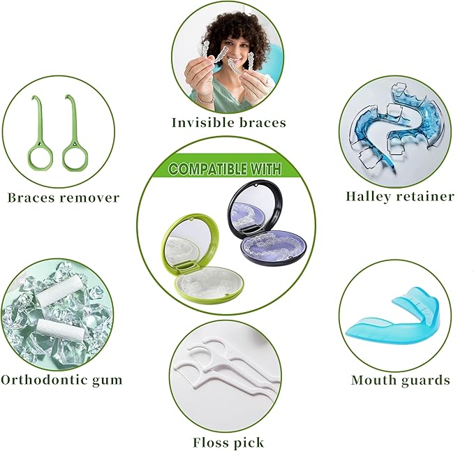 2 PCS Retainer Cases, Compatible with Invisalign, Mouth Guard Case with Mirror, Suitable for Storage Retainer Removal Tool, Chewy, and Brush (1PCS Green White+1PCS Black Purple)