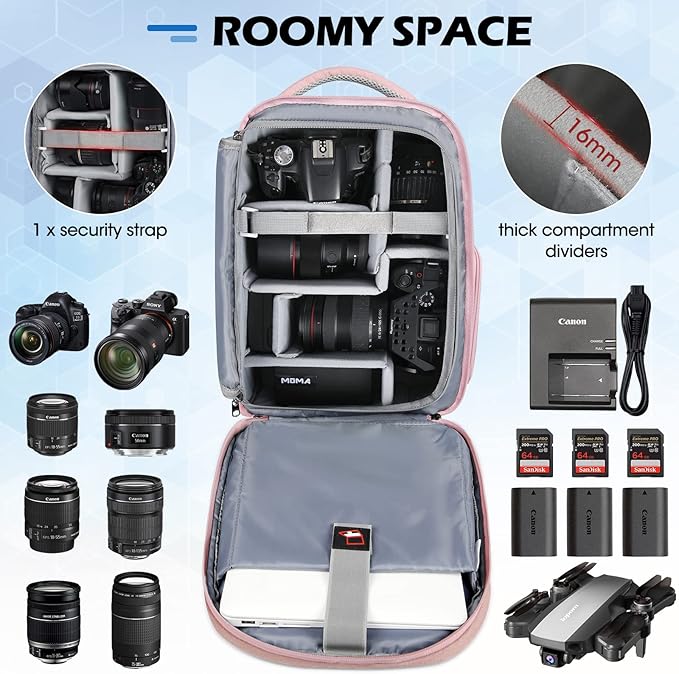 RAINSMORE Camera Bag Professional DSLR SLR Mirrorless Photography Camera Backpack 14 Inch Waterproof Camera Case With Tripod Holder&Laptop Compartment for Canon Nikon Sony for Photographers Pink
