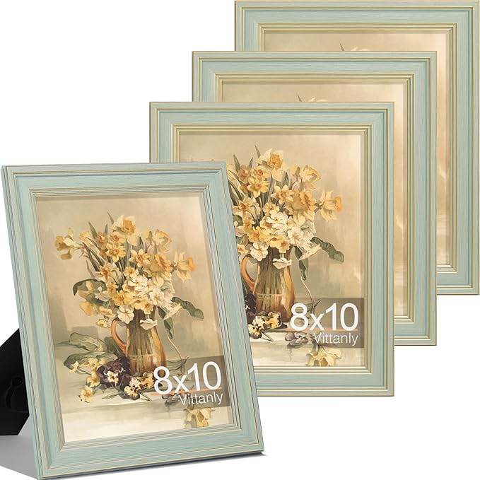 Vittanly 8x10 Picture Frame Set of 4, Vintage Photo Frame for Wall or Tabletop, Display 5x7 Pictures with Mat or 8x10 without Mat, Rustic Farmhouse Home Decor, Light Green