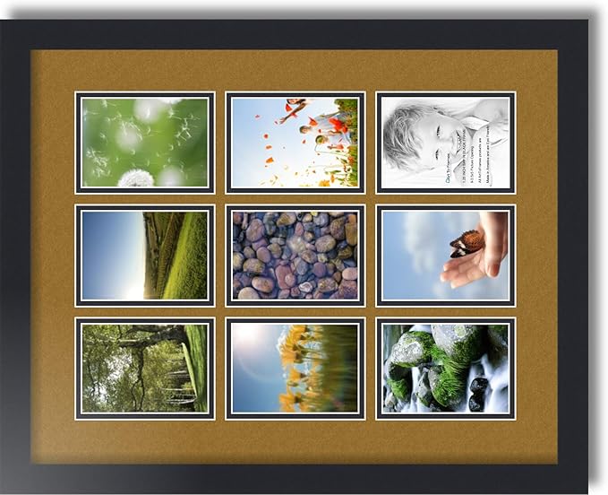 ArtToFrames Collage Photo Frame Double Mat with 9-3.5x5 Openings with Satin Black Frame and El Dorado mat.