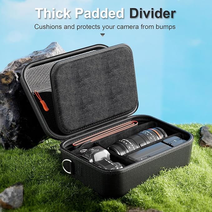 ProCase Hard Shell Camera Case for Canon Rebel T7/EOS R100/R50/DSLR/SLR/Nikon/Sony/Mirrorless Cameras, Soft Padded Digital Camera Travel Bag with 1 Shoulder Strap and 3 Adjustable Dividers -Black