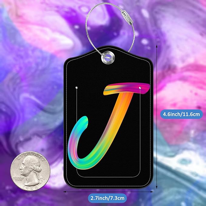 Luggage Tags for Suitcase,2 Pack Neon Colorful Letters Luggage Tags,Leather Baggage Tags Identifiers with Privacy Name Address Labels and Metal Loop for Women Men Girls Travel,Letter J