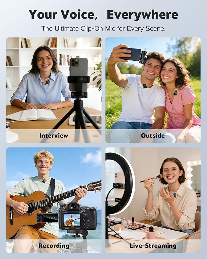 3-in-1 Wireless Lavalier Microphone for iPhone, Android, Cameras - Mini Microphone with Noise Reduction, 328FT Transmission and 40H Battery Life, 4 Mic for Video Recording, TikTok and YouTube