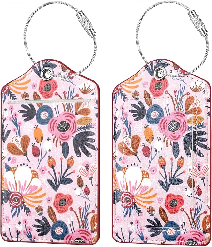 (Set of 2) Luggage Tag Leather Privacy Cover ID Label Address Card with Stainless Steel Loop, Travel Bag Tags Suitcase Labels, Pink Flowers