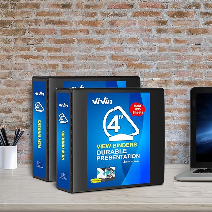 ViVin Durable 4 inch D Ring View Binder, Large 4" Slant-D Ring with 835-Sheet Capacity, Fit 8.5" x 11" Paper, 2 Pack(Black)