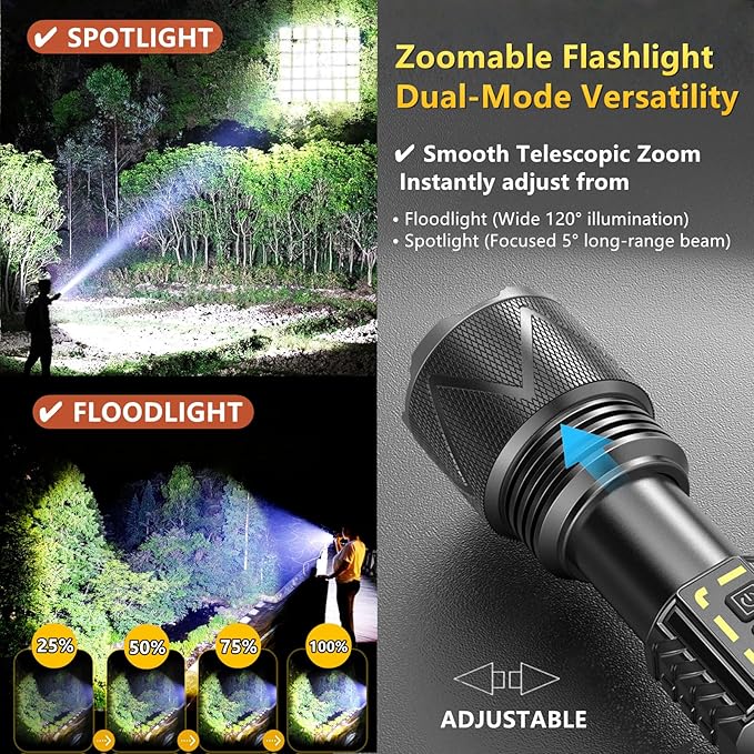 10,000 High Lumens Rechargeable LED Flashlights, 70W High Power XHP360 Wick Super Bright Zoomable Tactical Flashlight with USB Output, Dual Powerd Large Size Flash Light for Emergency Camping Hunting