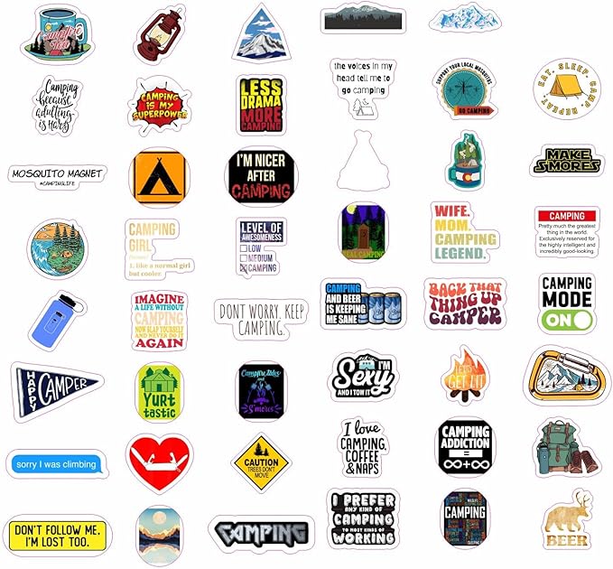 BulbaCraft 100Pcs Funny Camping Stickers, Camping Gifts, Camp Stickers, Camp Life Laptop Decals, Gifts for Women & Men
