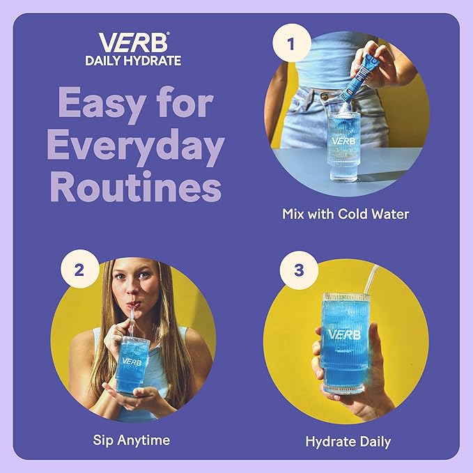 Verb Daily Hydrate Sugar Free Electrolyte Drink Mix - Lavender Lemonade, Zero Sugar Instant Hydration Packets for Daily Use, Essential Electrolytes Powder for Rehydration, Dehydration Relief, 12 Pack