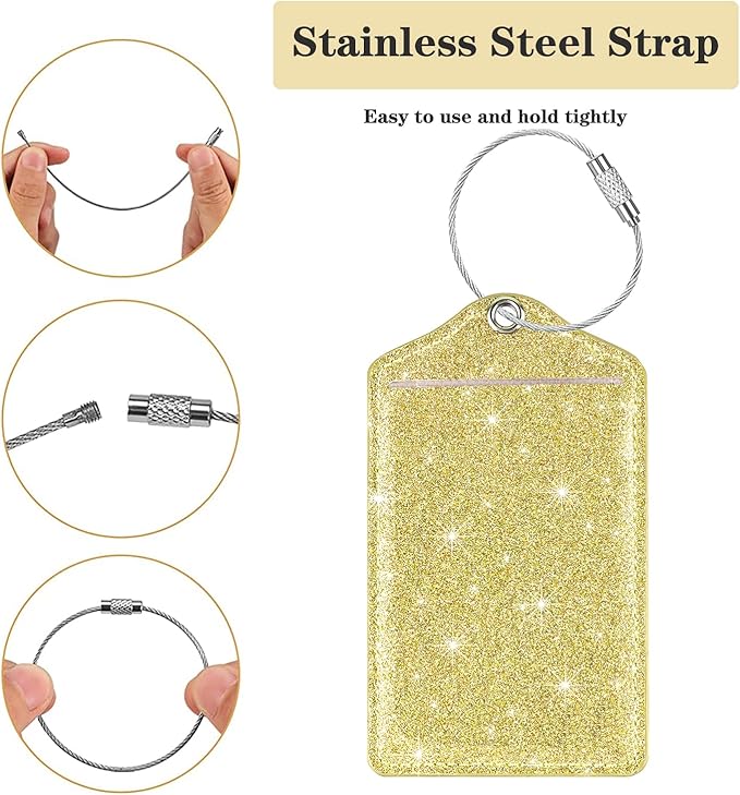 (Set of 2) Luggage Tag Leather Privacy Cover ID Label Address Card with Stainless Steel Loop, Travel Bag Tags Suitcase Labels, Glitter Gold
