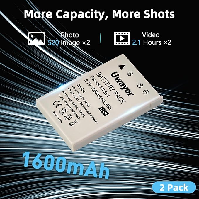 EN-EL5 Battery 2 Pack and Dual Charger for Nikon CoolPix P530, P520, P510, P500, P100, P90, P80, P6000, P5100, P5000, P5900, P7900, P5200, 3700, 4200, P3, P4,S10 Camera