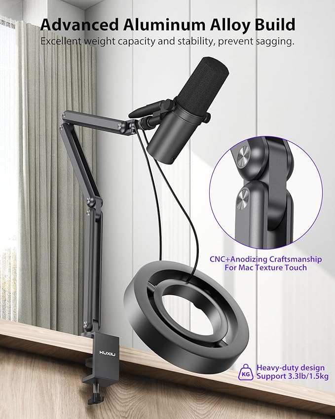 KU XIU Aluminum Alloy Boom Arm Microphone Stand for Desk, Three-Section Adjustable Mic Arm Mount with Cable Management Channels for Desktop Podcasting, Recording, Streaming, Gaming, Home Office-Gray