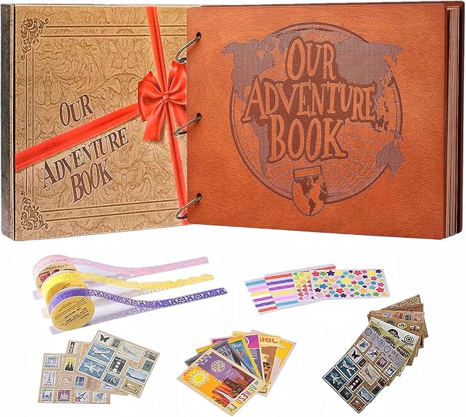 Adventure Book 3D Wooden Cover Scrapbook Photo Album 11.92 x 7.62"Timeless Memory Journal for Unforgettable Adventures&Precious Moments-Ideal for Anniversaries,Travel&Couple Gifts (3D Wooden Letter)