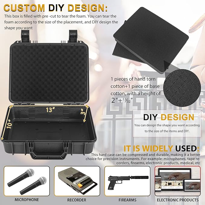 ITHWIU Protective Hard Case Shockproof Water-resistant with Customized DIY Foam Insert fit for Camera, etc, 14 X 11.5 X 3.7-Inch