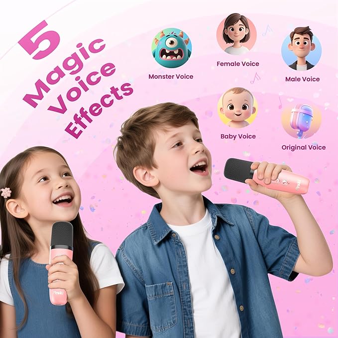 Karaoke Machine for Kids Adults, Portable Bluetooth Mini Karaoke Microphone Singing Speaker with 2 Mic and Light,Toys for All Smartphones,Birthday, Family,Home Party (Pink)