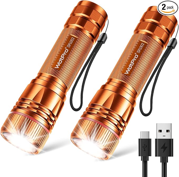 WdtPro Rechargeable Flashlights High Lumens, 2 Pack 10H Long Lasting Super Bright EDC Flashlight, LED Mini Tactical Flash Lights for Camping Emergency, Drop & Water Resistant Orange(Battery Included)