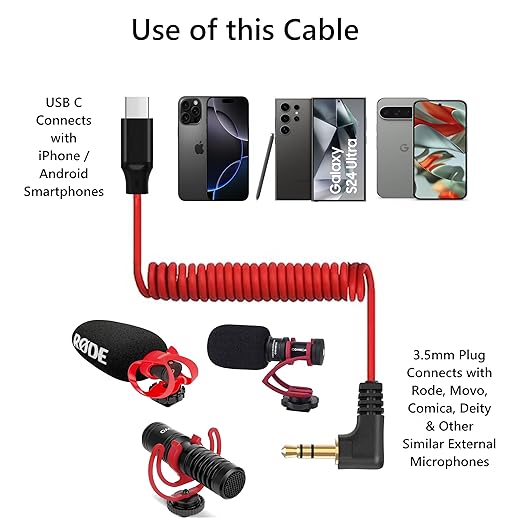 USB C to 3.5mm TRS Microphone Cable for Rode, Movo, Comica, Deity & Other External Mic, Compatible with iPhone 15/16, Samsung Galaxy, LG, Pixel & Android Devices with USB C Port