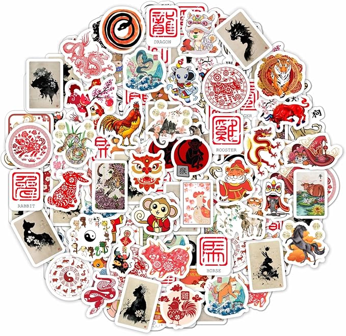 BulbaCraft 100Pcs Chinese New Year Stickers - Chinese Zodiac Stickers, Lunar New Year Decals, Gifts for Women & Men
