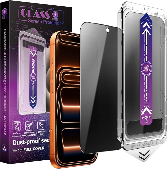 SHANG PIN JIA 2 Pack Privacy Screen Protector for iPhone 17 Pro Max 6.9-Inch Auto Dust Removal, No Bubbles,Anti-Spy Tempered Glass Film, Easy Installation