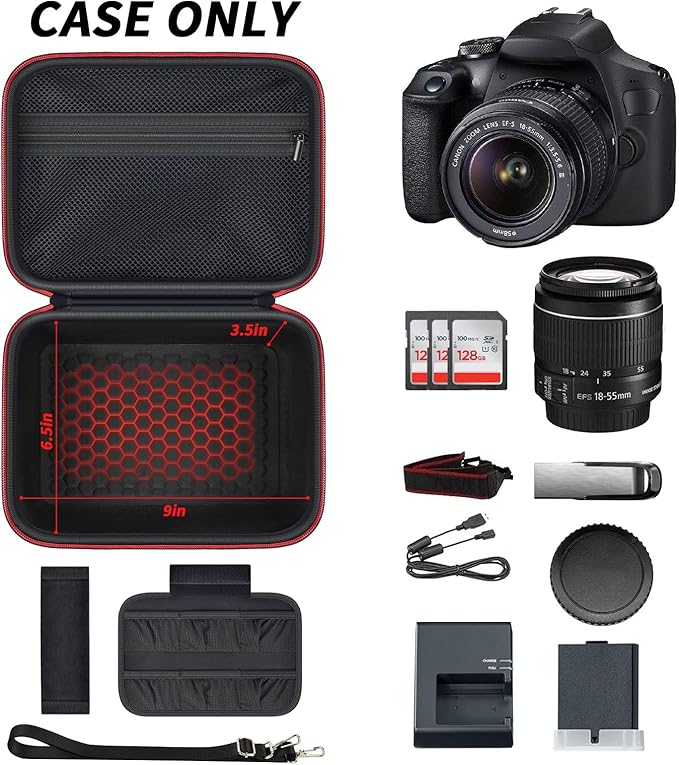 Comecase Hard Camera Case for Canon EOS Rebel T7 R50 R100 R10 R5 R6 R8 Mark II, DSLR Mirrorless Camera Bag with 6 Slots &Adjustable Divider for Lens and Accessories, Travel Storage, Black+Red Zipper