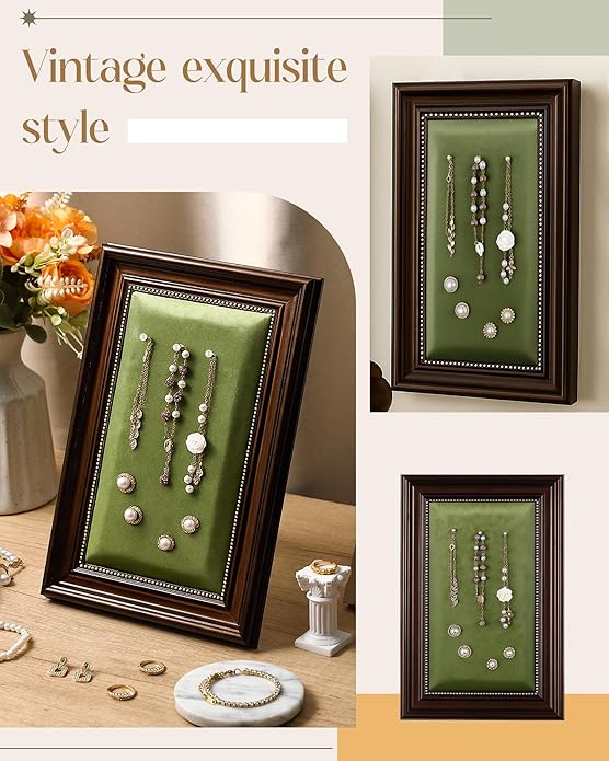 Vintage Jewelry Display Stand Necklace Earring Ring Holder 11.8 x 7.9 Inch Jewelry Tray Storage Photograph Prop Photo Frame with Green Velvet Backing for Selling Vendors Boutique Women Gift