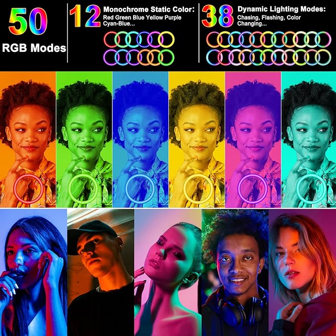 𝗡𝗲𝘄𝗲𝘀𝘁 13" Selfie Ring Light with 63" Stand and 3 Phone Holder, 53 Lighting Modes, iPad Holder, Remote, Desk Tripod, RGB Ringlight for iPhone. Vlogging Circle Led Halo Light Photo Video Kit