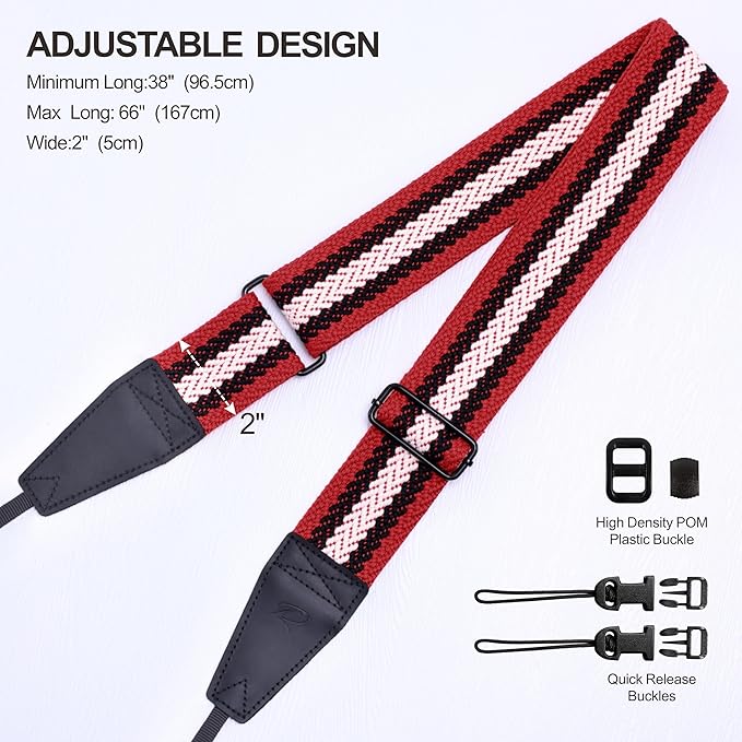 Padwa Lifestyle Adjustable Camera Strap - 2" Top Layer Cowhide Head Camera Straps for Photographers,Soft Cotton Rope Crossbody Strap with Quick Release fits All Cameras - Red Black Stripe