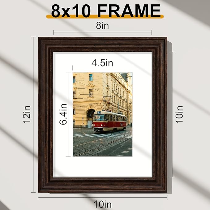 Vittanly 8x10 Picture Frames Set of 2, Ornate Vintage Photo Frame for Wall or Tabletop, Display 5x7 Pictures with Mat or 8x10 without Mat, Rustic Brown
