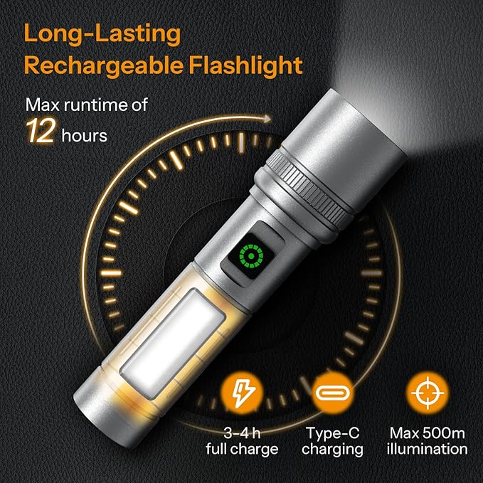 3pack Rechargeable LED Flashlight, 90000 High Lumen Super Bright Flashlight, 6 Mode Tactical Flash Light,Waterproof Powerful Handheld Flash Light for Camping Hiking Enmergency Home Outdoor, Gray