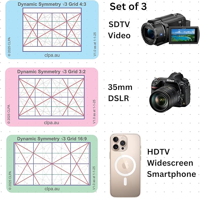 CLPA Dynamic Symmetry Root 3 Directors and Artists Camera and Drawing Viewfinder: Credit Card-Sized Composition Grids for Video, Photography & Art - Set of 3 View Finders in 4:3, 3:2, & 16:9.