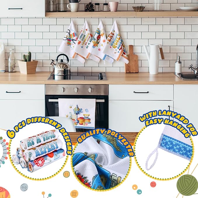 Preboun 6 Pcs Fun Sewing Kitchen Towels Quilting Gifts for Women Funny Dish Hand Towels Orange Blue Sewing Dish Cloth House Decorative Farmhouse Tea Cloth Absorbent for Home Kitchen Bathroom Decor